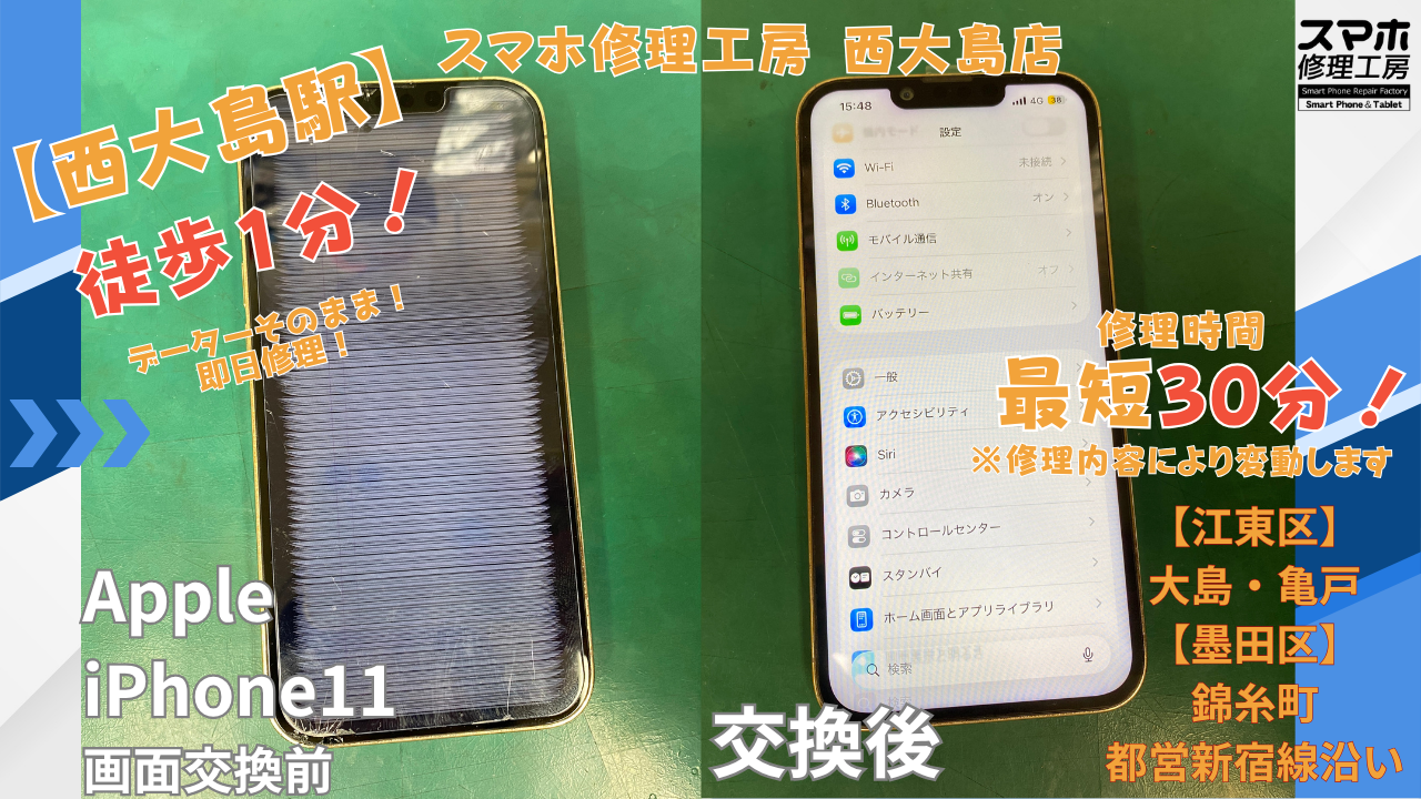 iPhone11｜画面交換 | 江東区大島・錦糸町付近でデーターそのまま修理ならスマホ修理工房 西大島店